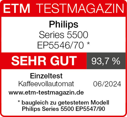 Serie 5500 (EP5546/70) Kaffeevollautomat – LatteGo Milchsystem, 20 heiße und kalte Kaffeespezialitäten, SilentBrew, QuickStart, Schwarz Silber